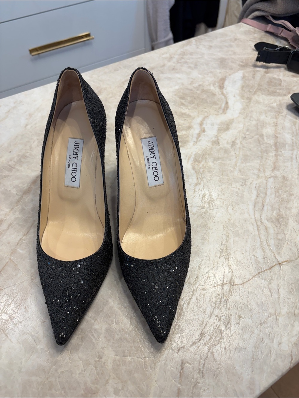 Jimmy Choo Black Glitter Pointed Pumps